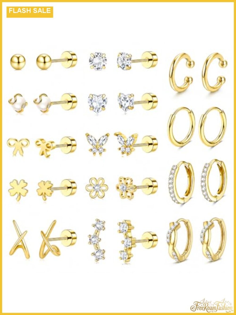 14 Pair Gold Stud & Hoop Earring Set Hypoallergenic Surgical Steel Flat Back